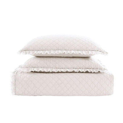 Full Queen White Farmhouse Microfiber Diamond Quilted Bedspread Set Frayed Edges - FurniFindUSA