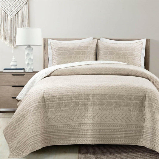 Full/Queen Scandinavian Chevron Beige Tan Reversible Cotton Quilt Set - FurniFindUSA