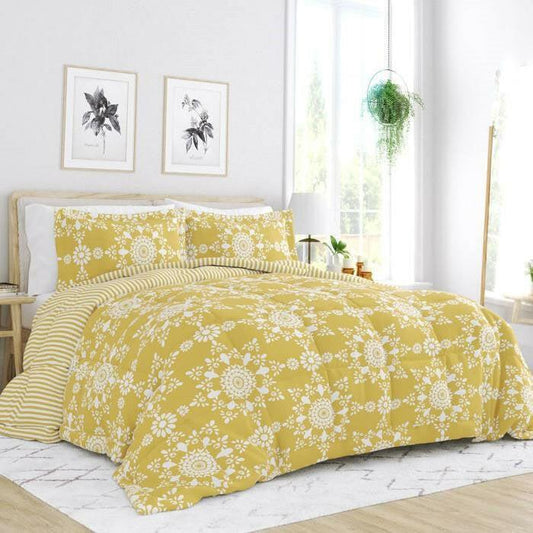 Full/Queen size 3-Piece Yellow White Reversible Floral Striped Comforter Set - FurniFindUSA