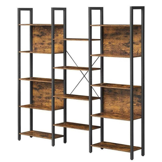 Industrial Farmhouse Rustic Brown Wood Black Metal 14-Shelf Bookcase - FurniFindUSA