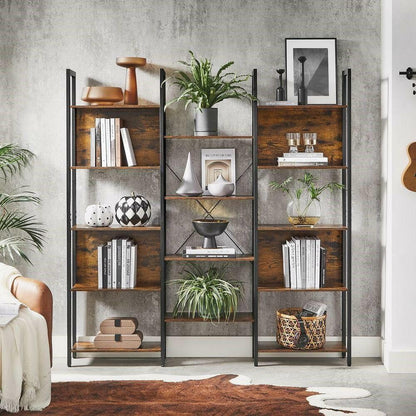 Industrial Farmhouse Rustic Brown Wood Black Metal 14-Shelf Bookcase - FurniFindUSA