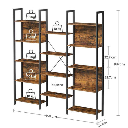 Industrial Farmhouse Rustic Brown Wood Black Metal 14-Shelf Bookcase - FurniFindUSA