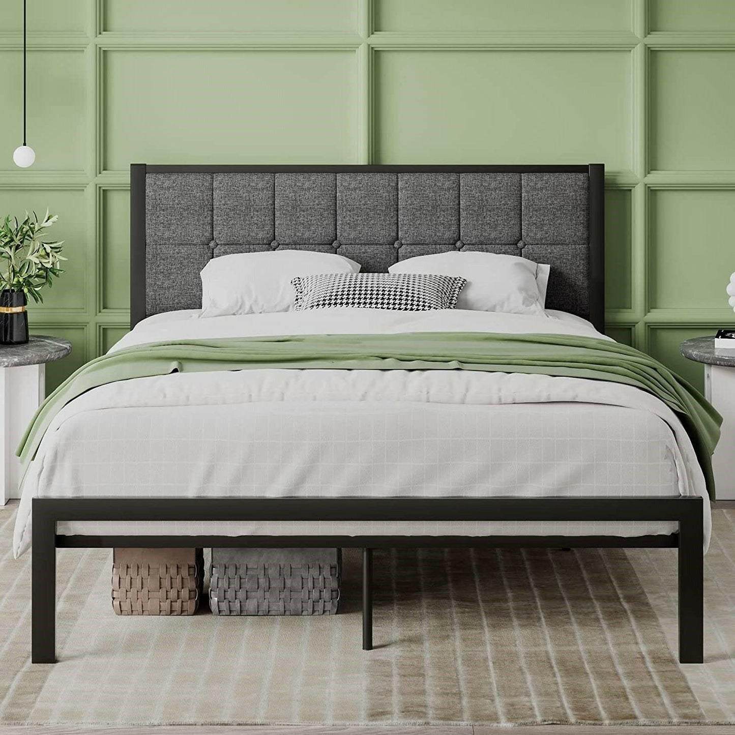 Full Metal Platform Bed Frame with Gray Button Tufted Upholstered Headboard - FurniFindUSA