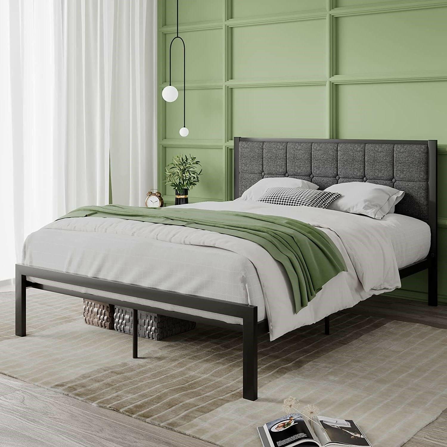 Full Metal Platform Bed Frame with Gray Button Tufted Upholstered Headboard - FurniFindUSA