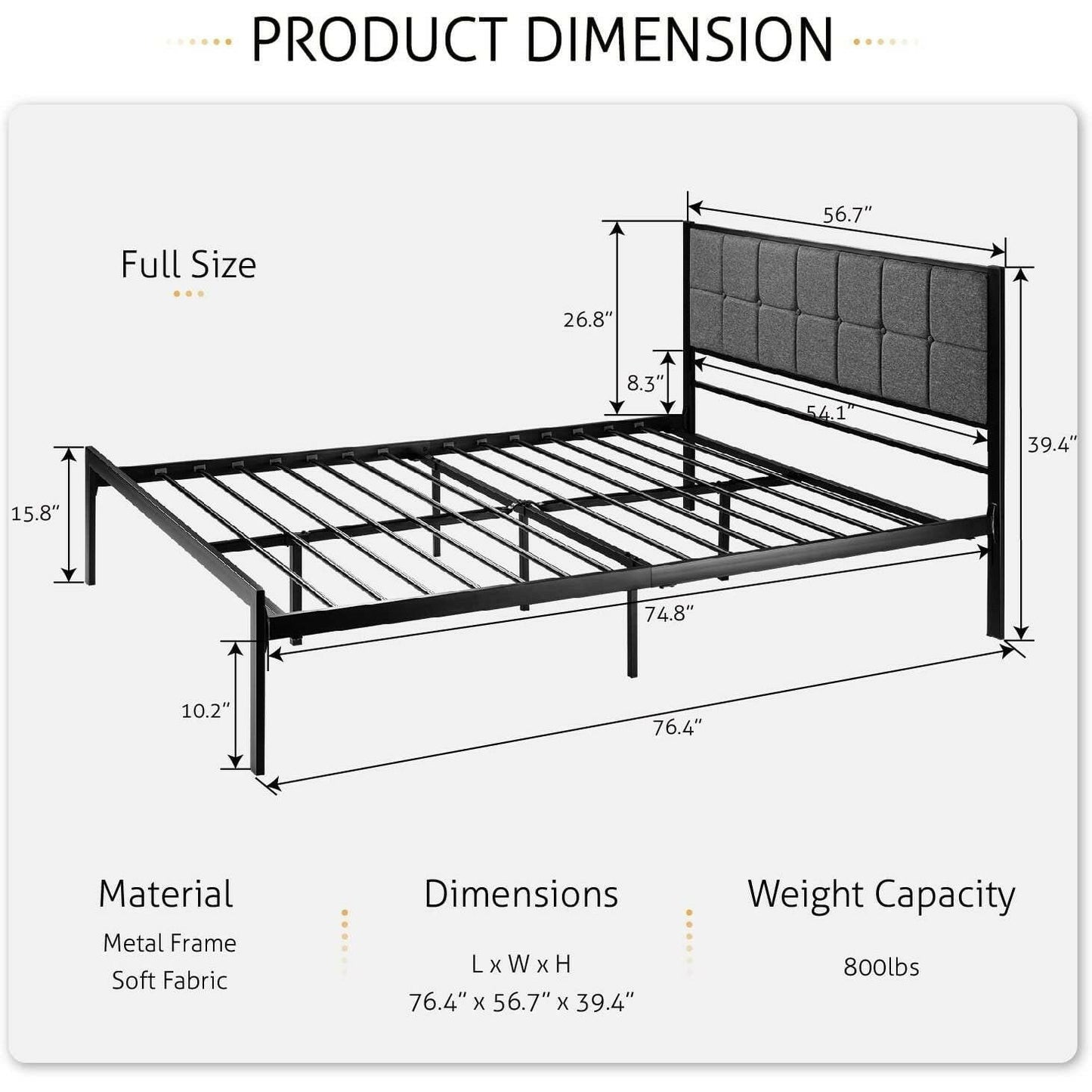 Full Metal Platform Bed Frame with Gray Button Tufted Upholstered Headboard - FurniFindUSA