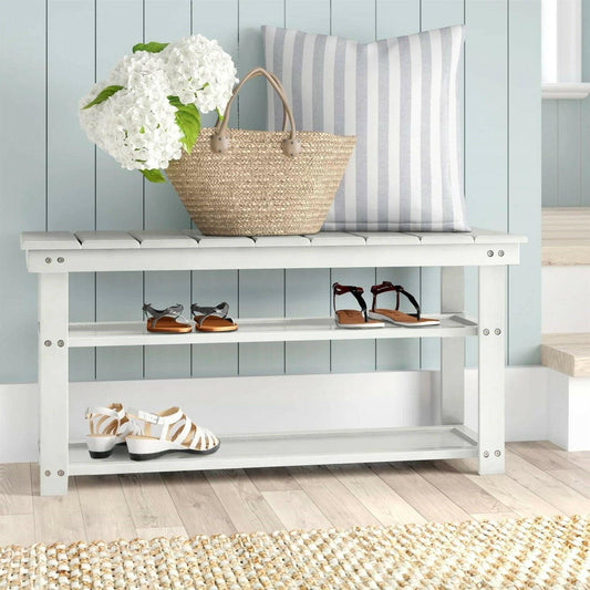 White Slatted Wood 2-Shelf Shoe Rack Storage Bench For Entryway or Closet - FurniFindUSA