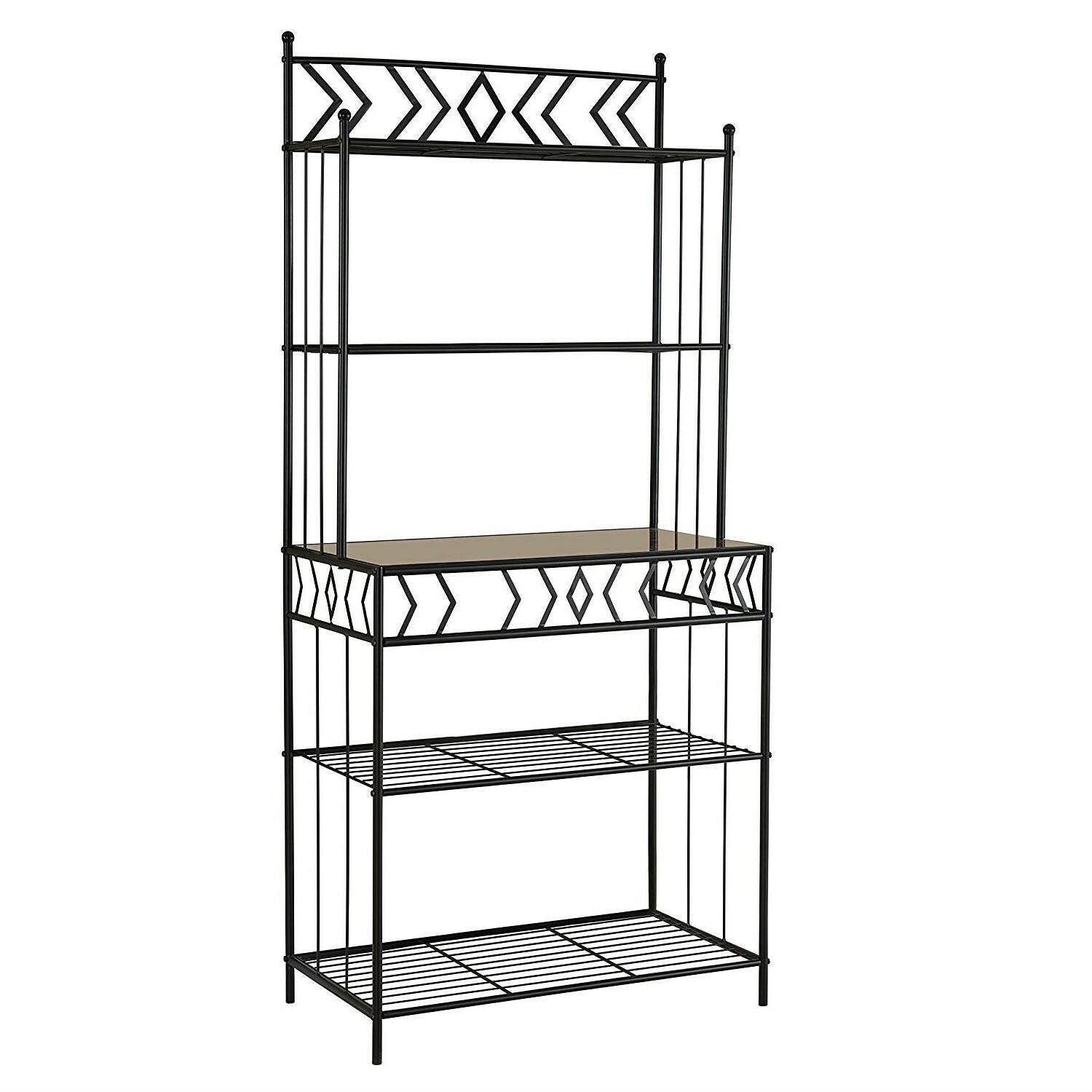 Kitchen Bakers Rack in Black Metal with Marble Finish Top - FurniFindUSA