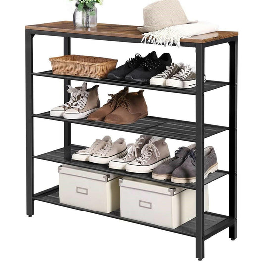 Modern Industrial Style 5-Tier Black Metal Shoe Rack with Brown Wood Top - FurniFindUSA