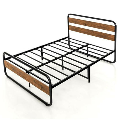 Full Industrial Wood and Metal Tube Platform Bed with Headboard and Footboard - FurniFindUSA