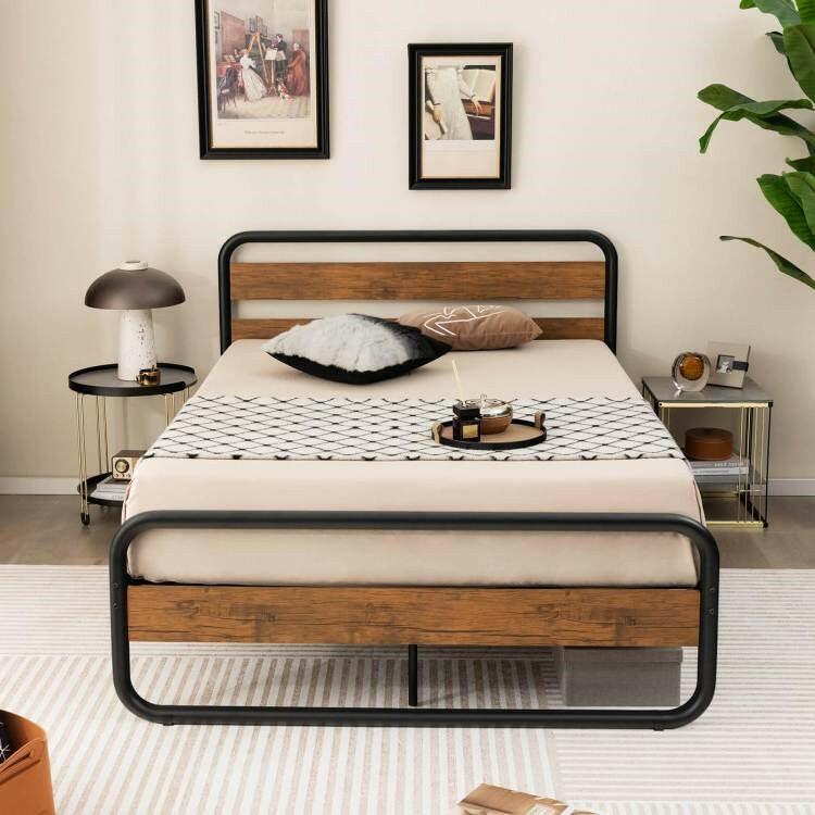 Full Industrial Wood and Metal Tube Platform Bed with Headboard and Footboard - FurniFindUSA