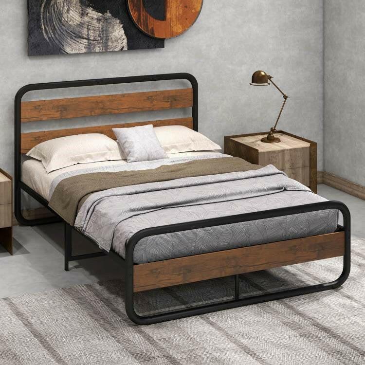 Full Industrial Wood and Metal Tube Platform Bed with Headboard and Footboard - FurniFindUSA