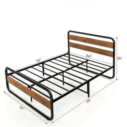 Full Industrial Wood and Metal Tube Platform Bed with Headboard and Footboard - FurniFindUSA