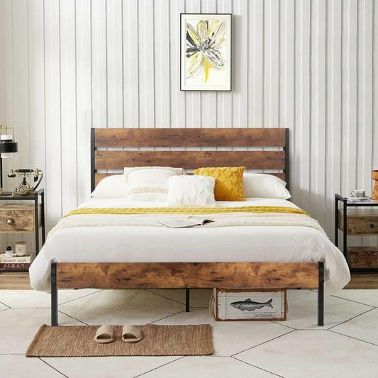 Full Industrial Platform Bed Frame with Brown Wood Slatted Headboard Footboard - FurniFindUSA