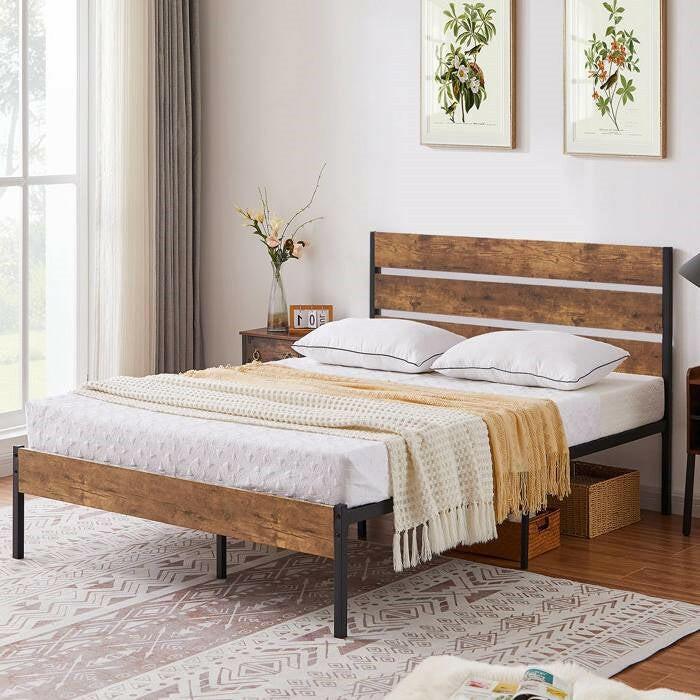 Full Industrial Platform Bed Frame with Brown Wood Slatted Headboard Footboard - FurniFindUSA