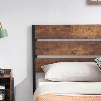 Full Industrial Platform Bed Frame with Brown Wood Slatted Headboard Footboard - FurniFindUSA