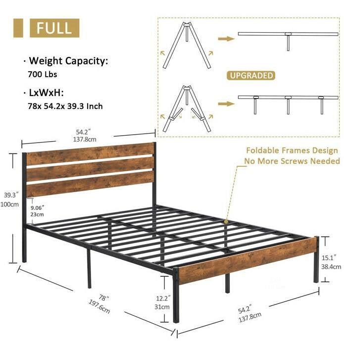 Full Industrial Platform Bed Frame with Brown Wood Slatted Headboard Footboard - FurniFindUSA