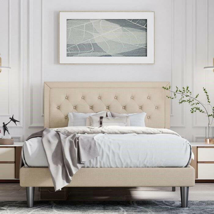 Full Size Adjustable Height Platform Bed Frame with Beige Upholstered Headboard - FurniFindUSA