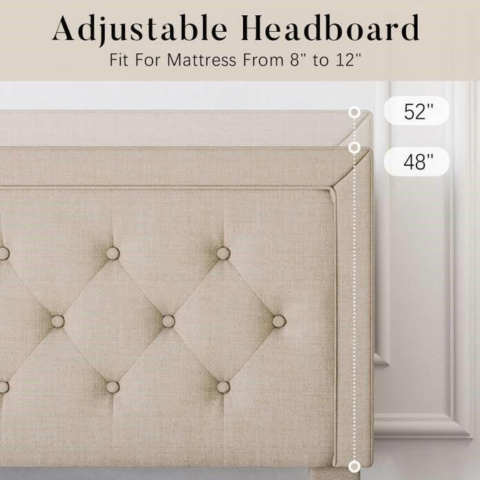Full Size Adjustable Height Platform Bed Frame with Beige Upholstered Headboard - FurniFindUSA