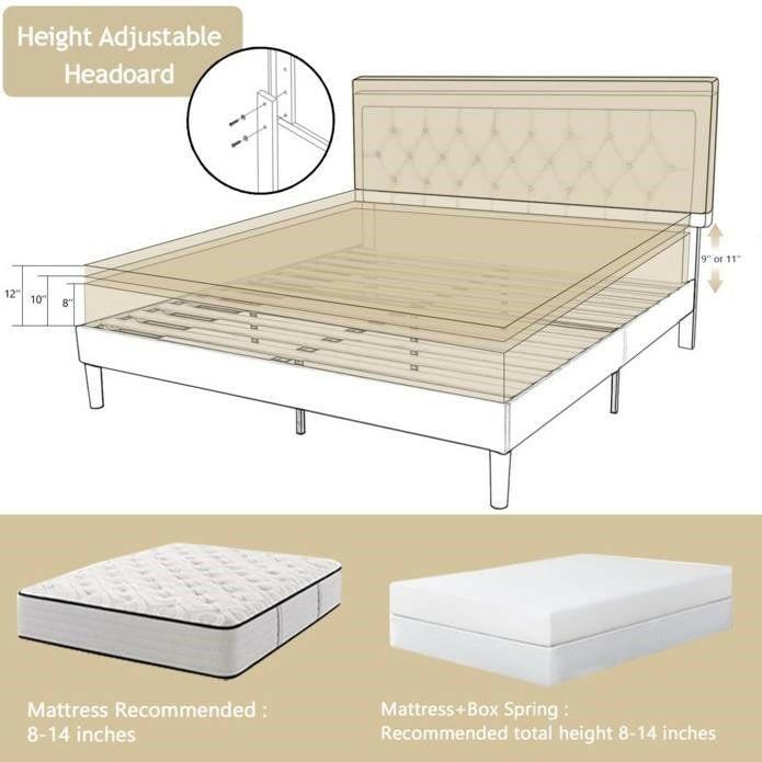 Full Size Adjustable Height Platform Bed Frame with Beige Upholstered Headboard - FurniFindUSA