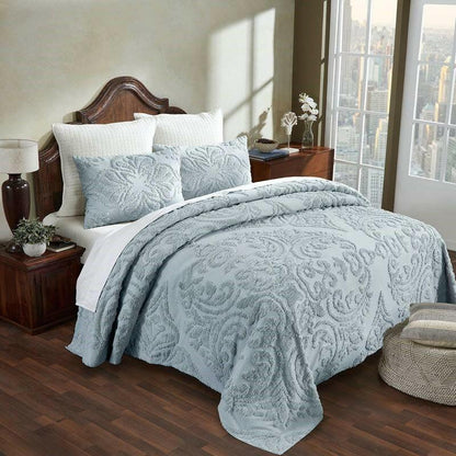 Full Size 100-Percent Cotton Chenille 3-Piece Coverlet Bedspread Set in Blue - FurniFindUSA