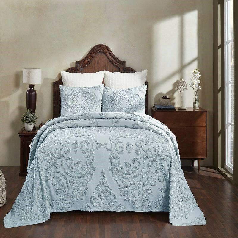 Full Size 100-Percent Cotton Chenille 3-Piece Coverlet Bedspread Set in Blue - FurniFindUSA