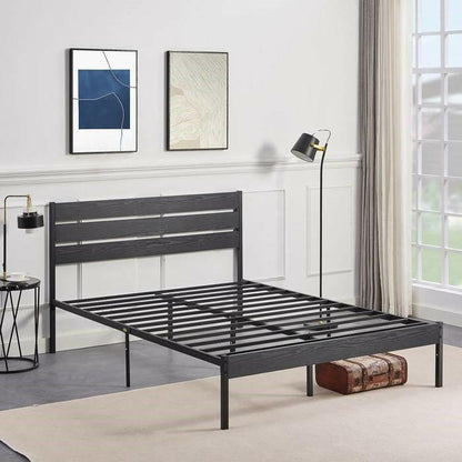 Full size Industrial Platform Bed Frame with Wood Slatted Headboard in Black - FurniFindUSA