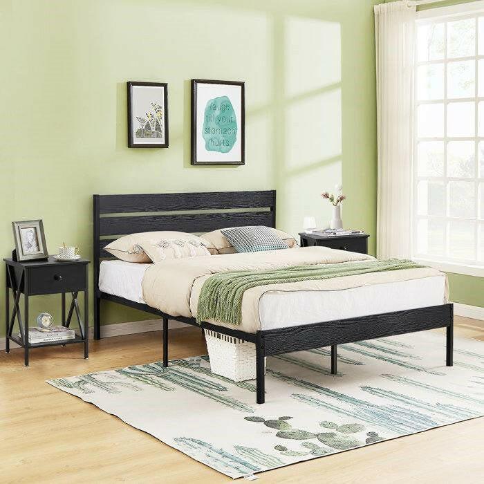 Full size Industrial Platform Bed Frame with Wood Slatted Headboard in Black - FurniFindUSA