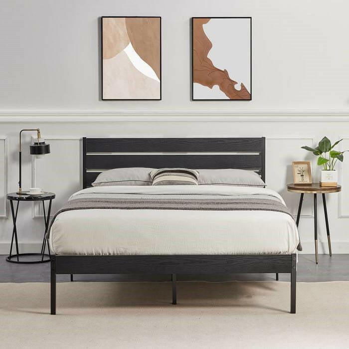 Full size Industrial Platform Bed Frame with Wood Slatted Headboard in Black - FurniFindUSA