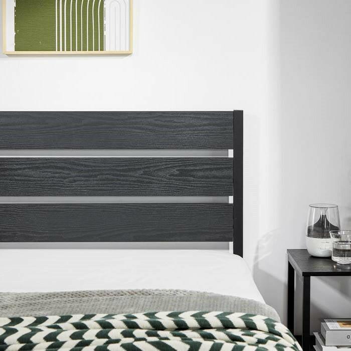 Full size Industrial Platform Bed Frame with Wood Slatted Headboard in Black - FurniFindUSA