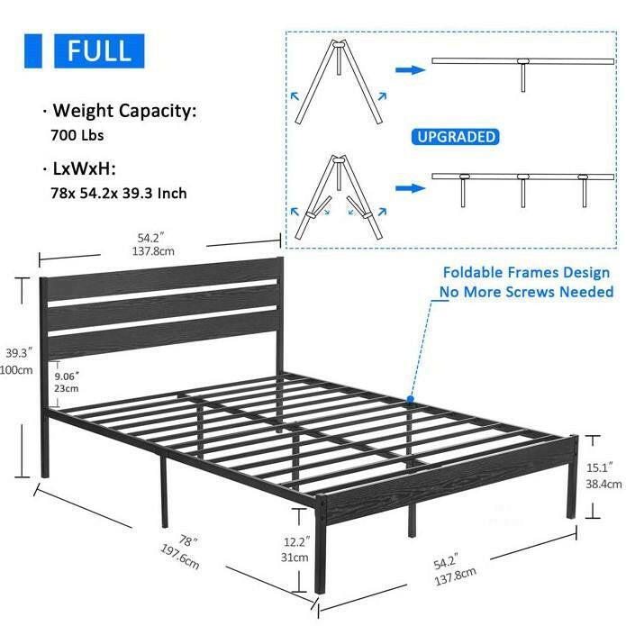 Full size Industrial Platform Bed Frame with Wood Slatted Headboard in Black - FurniFindUSA