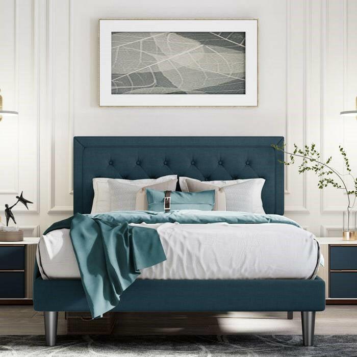 Full Size Adjustable Height Platform Bed Frame with Blue Upholstered Headboard - FurniFindUSA