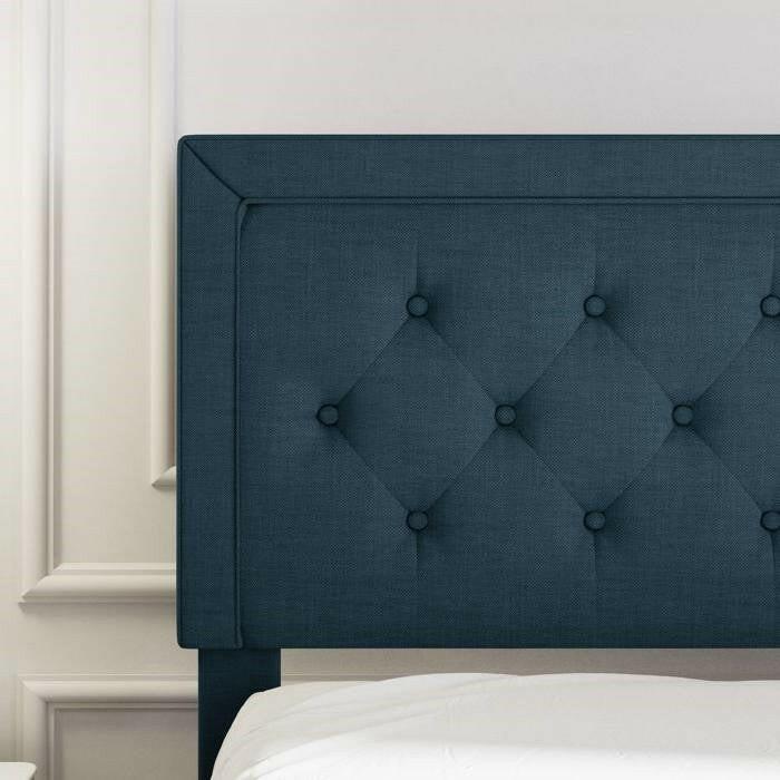 Full Size Adjustable Height Platform Bed Frame with Blue Upholstered Headboard - FurniFindUSA