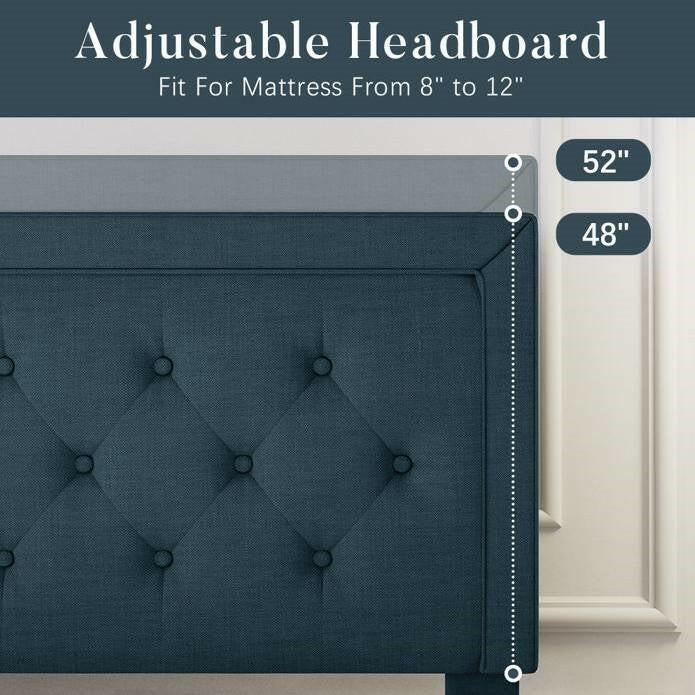 Full Size Adjustable Height Platform Bed Frame with Blue Upholstered Headboard - FurniFindUSA