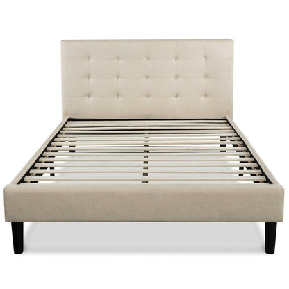 Full size Platform Bed Frame with Taupe Button Tufted Upholstered Headboard - FurniFindUSA