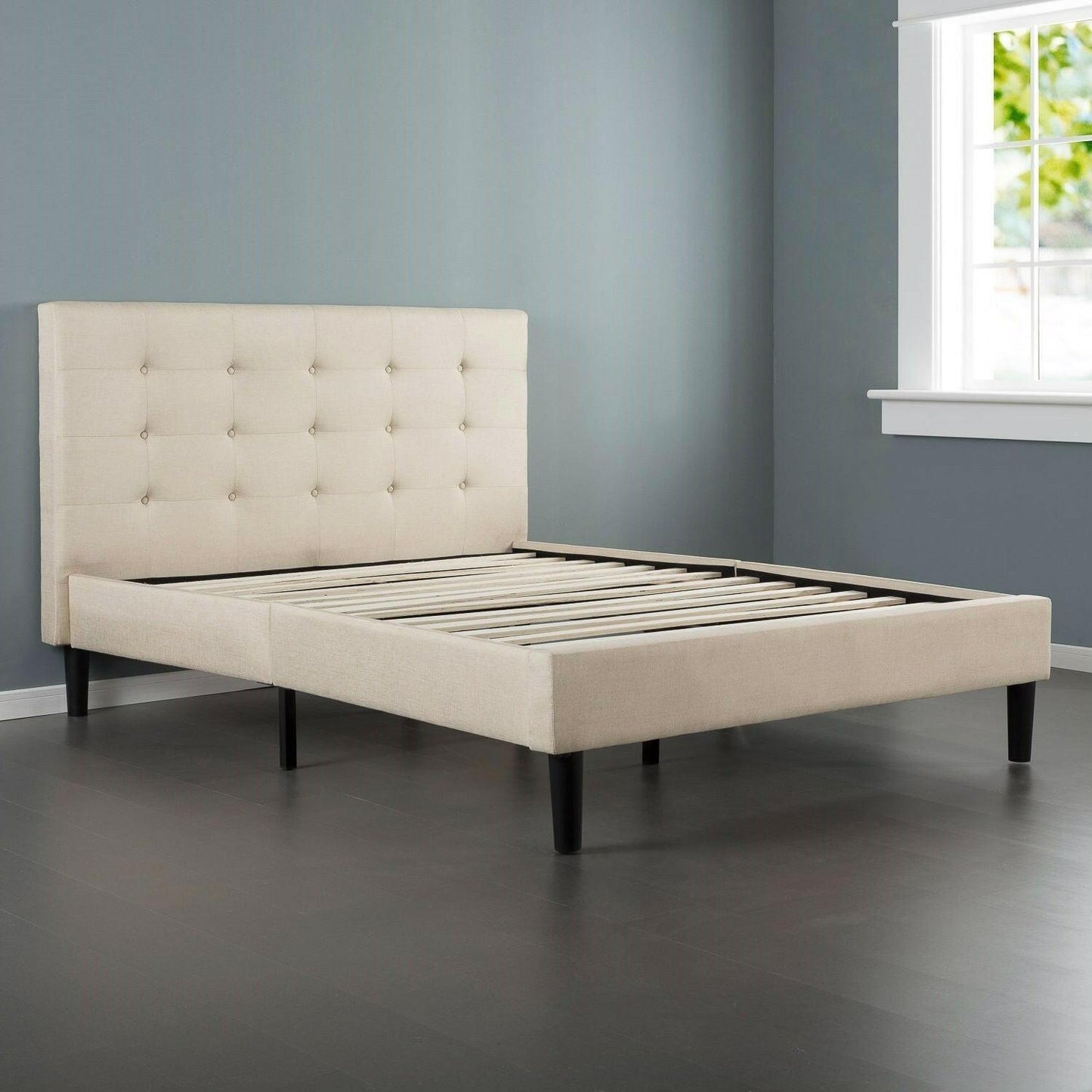 Full size Platform Bed Frame with Taupe Button Tufted Upholstered Headboard - FurniFindUSA
