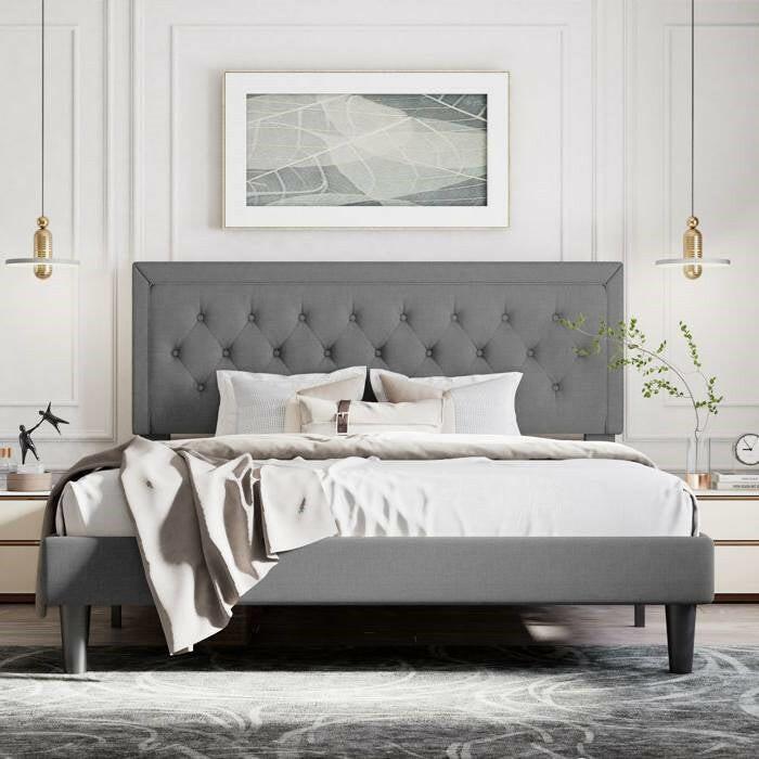 Full Size Dark Grey Linen Upholstered Platform Bed with Button-Tufted Headboard - FurniFindUSA