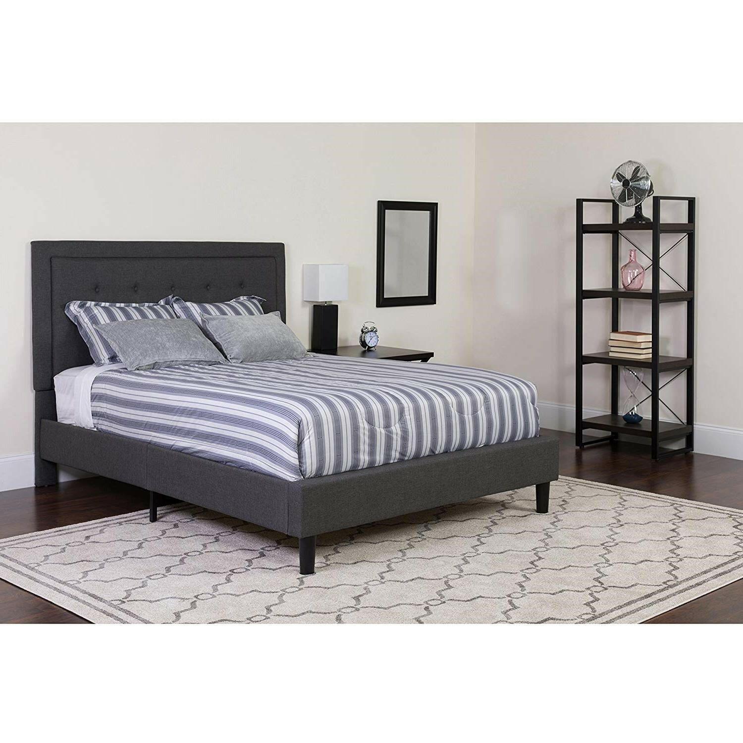 Full size Dark Grey Fabric Upholstered Platform Bed Frame with Tufted Headboard - FurniFindUSA