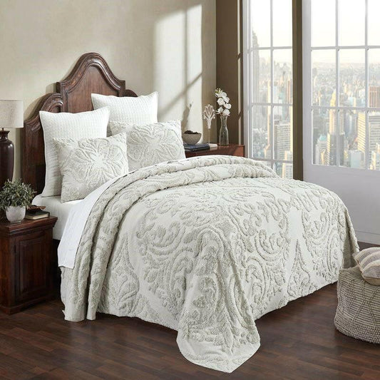 Full Size 100-Percent Cotton Chenille 3-Piece Coverlet Bedspread Set in Ivory - FurniFindUSA