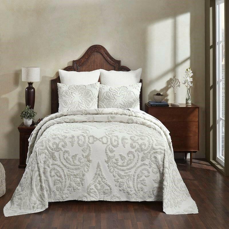 Full Size 100-Percent Cotton Chenille 3-Piece Coverlet Bedspread Set in Ivory - FurniFindUSA