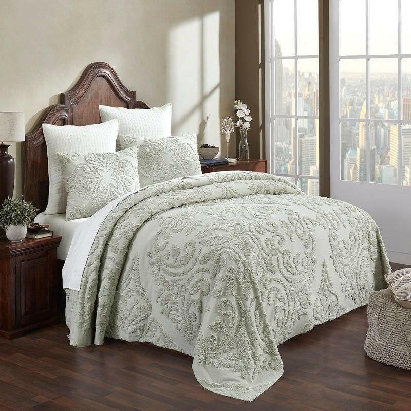 Full Size 100-Percent Cotton Chenille 3-Piece Coverlet Bedspread Set in Sage - FurniFindUSA