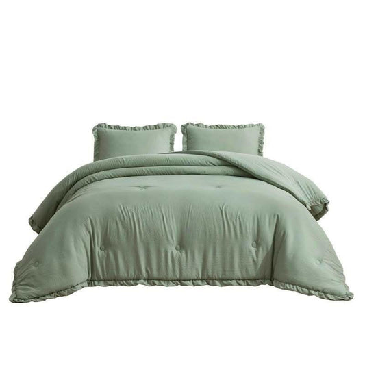 Full Size Sage Green Microfiber 3-Piece Comforter Set with Ruffled Edge Trim - FurniFindUSA