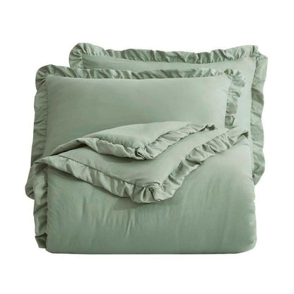 Full Size Sage Green Microfiber 3-Piece Comforter Set with Ruffled Edge Trim - FurniFindUSA