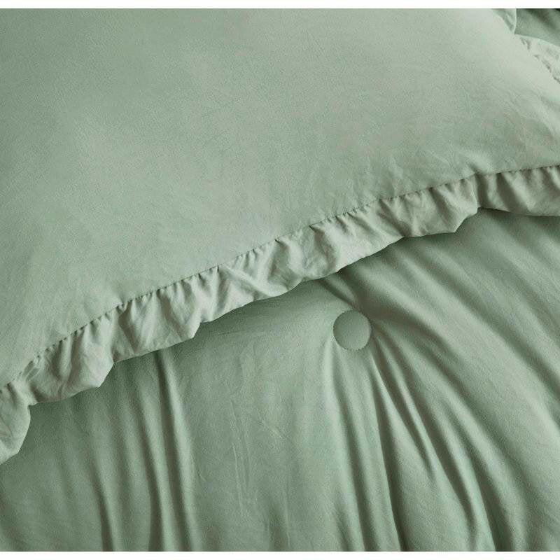 Full Size Sage Green Microfiber 3-Piece Comforter Set with Ruffled Edge Trim - FurniFindUSA