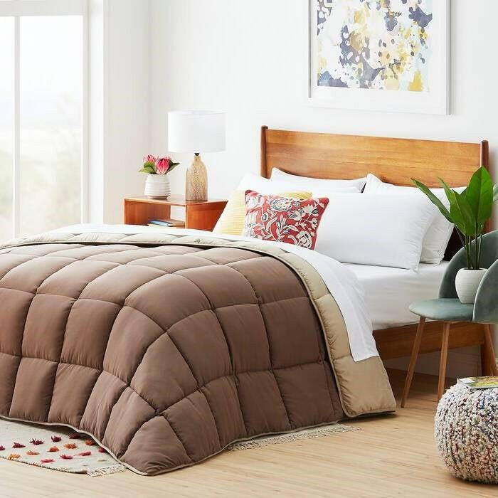 Full All Seasons Beige/Brown Reversible Polyester Down Alternative Comforter - FurniFindUSA