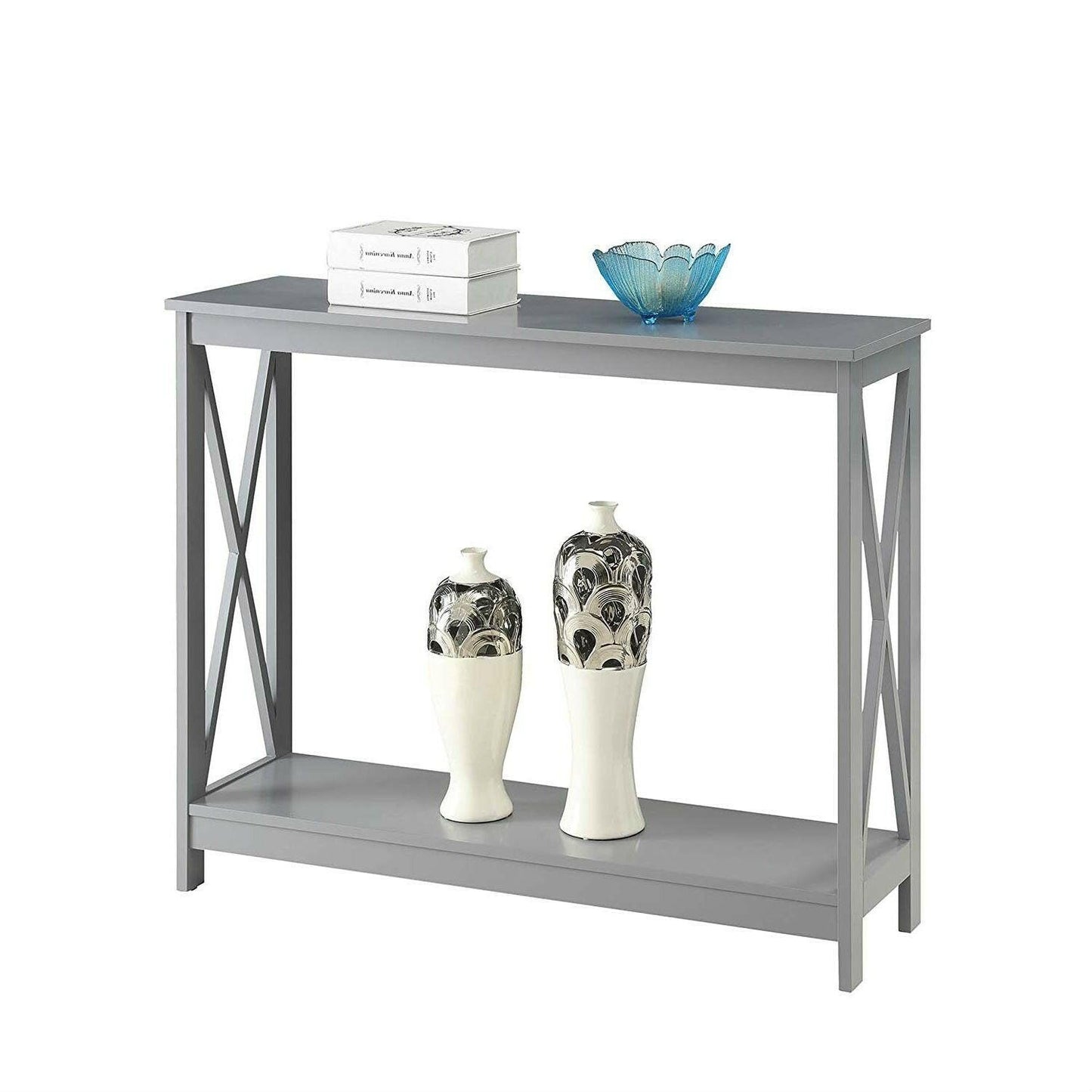 Grey Wood Console Sofa Table with Bottom Storage Shelf - FurniFindUSA