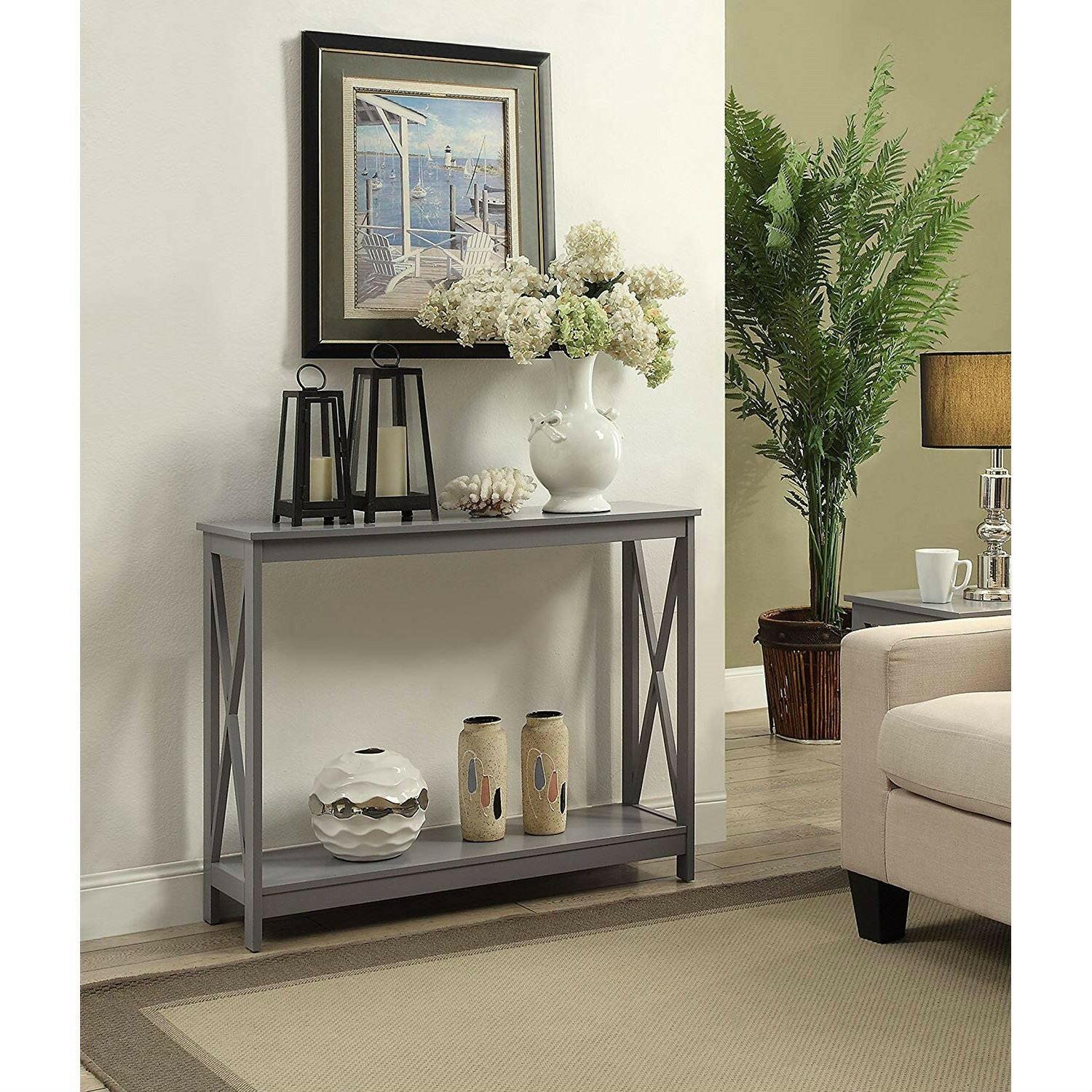 Grey Wood Console Sofa Table with Bottom Storage Shelf - FurniFindUSA