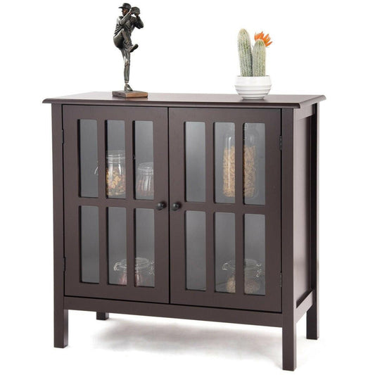 Brown Wood Sideboard Buffet Cabinet with Glass Panel Doors - FurniFindUSA