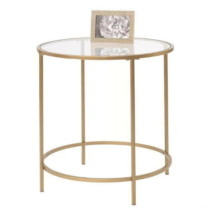 Round Glass Top End Table Nightstand with Gold Metal Frame - FurniFindUSA