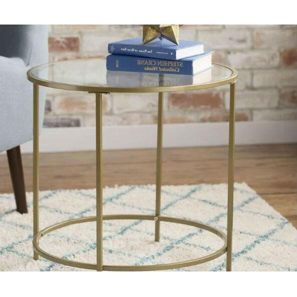 Round Glass Top End Table Nightstand with Gold Metal Frame - FurniFindUSA