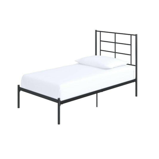 Twin Size Modern Black Metal Platform Bed with Geometric Headboard - FurniFindUSA